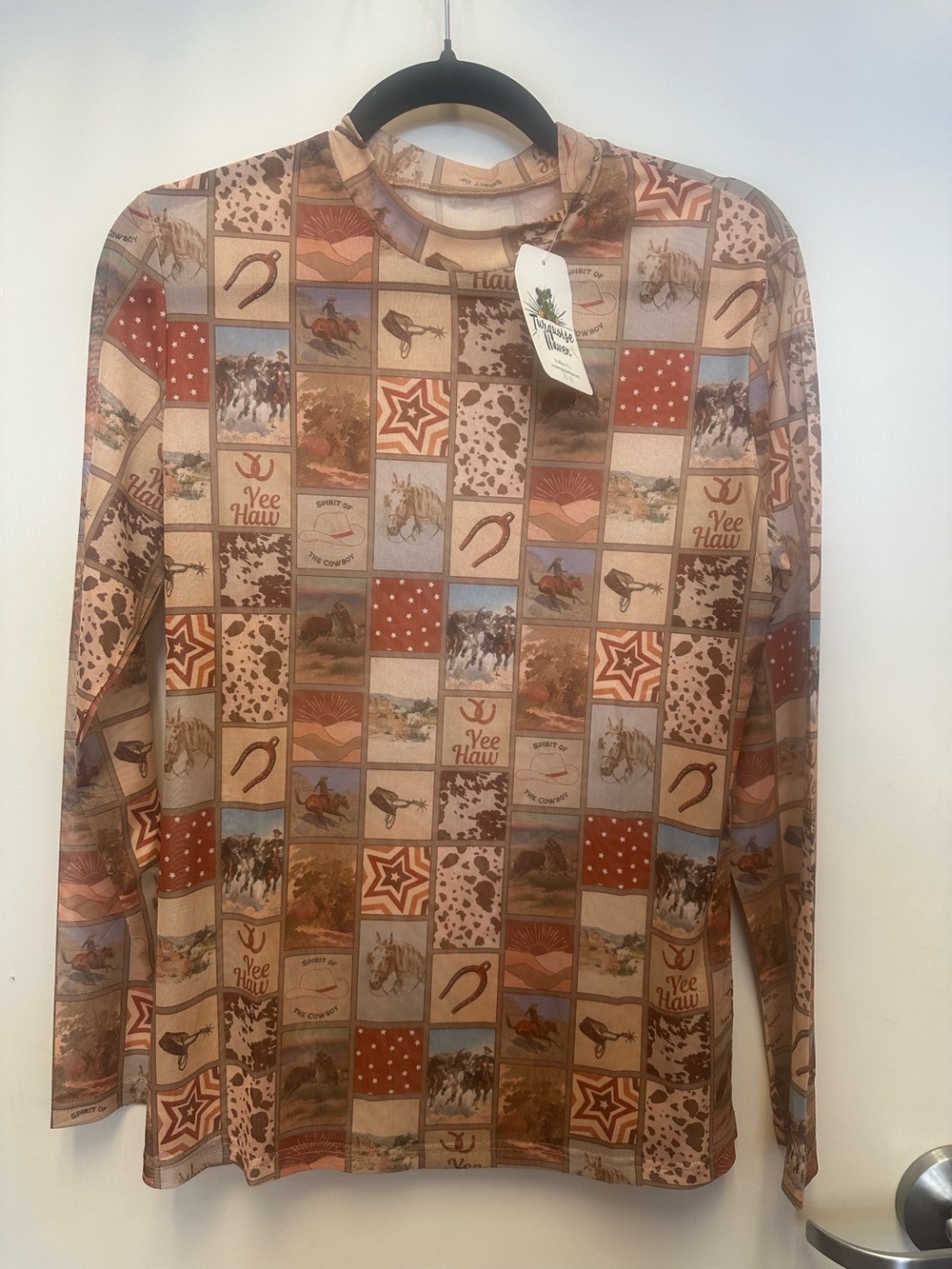 Yee Haw Patchwork Print Long Sleeve Tee - Brown Multi